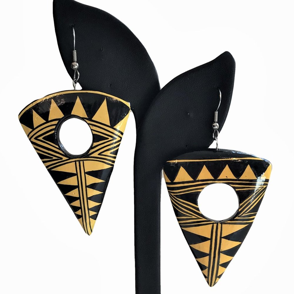 Vintage Painted Wood Earrings Retro African Black & Saffron Yellow